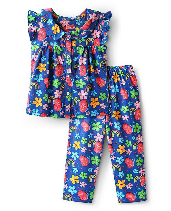 Babyhug Cotton Knit Frill Sleeves Front Open Co-Ord Night Suit with Floral Print - Blue