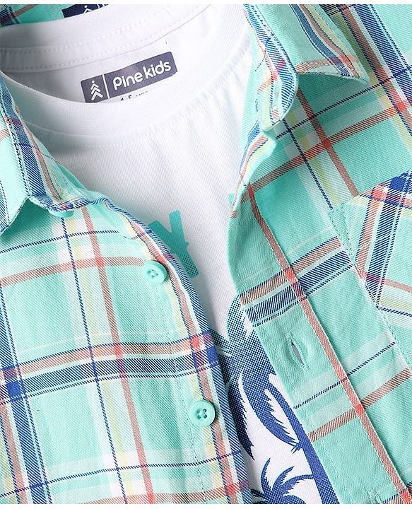 Pine Kids Cotton Woven Half Sleeves Checkered Shirt With T-Shirt - Aqua