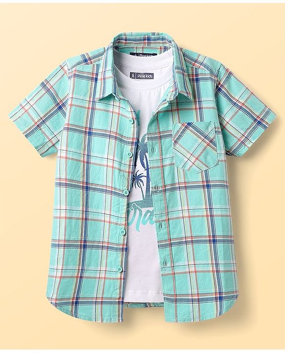 Pine Kids Cotton Woven Half Sleeves Checkered Shirt With T-Shirt - Aqua