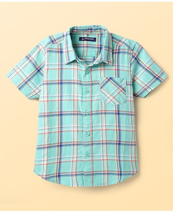 Pine Kids Cotton Woven Half Sleeves Checkered Shirt With T-Shirt - Aqua