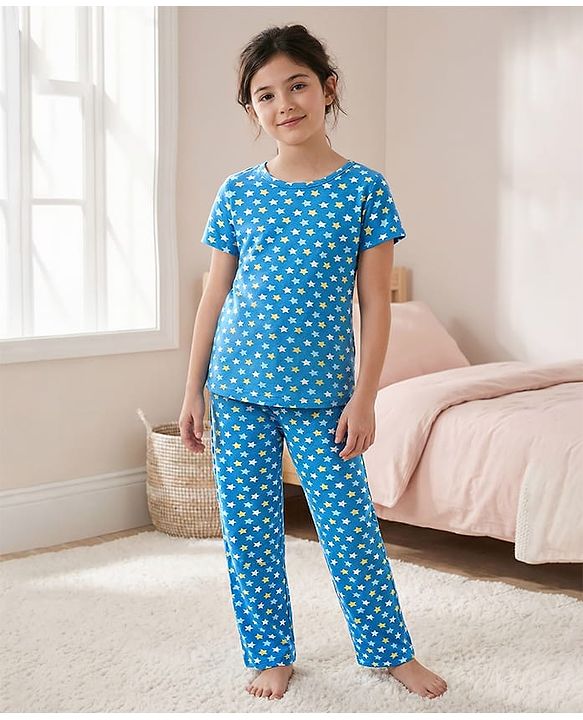 Pine Kids Single Jersey Knit Half Sleeves Co-ords Night Suit With Star Print - Teal Blue
