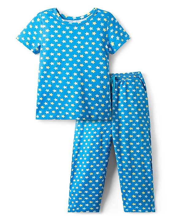 Pine Kids Single Jersey Knit Half Sleeves Co-ords Night Suit With Star Print - Teal Blue
