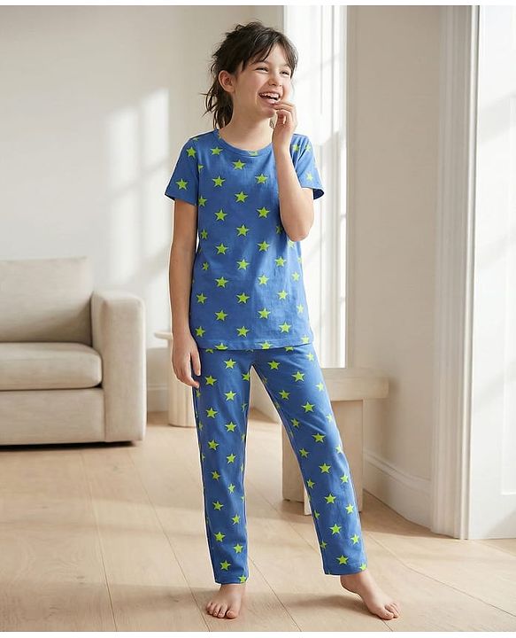 Pine Kids Single Jersey Knit Half Sleeves Co-Ord Night Suit With Star Print - Blue