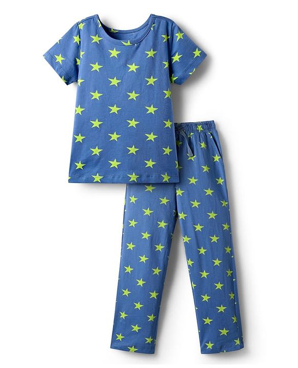 Pine Kids Single Jersey Knit Half Sleeves Co-Ord Night Suit With Star Print - Blue