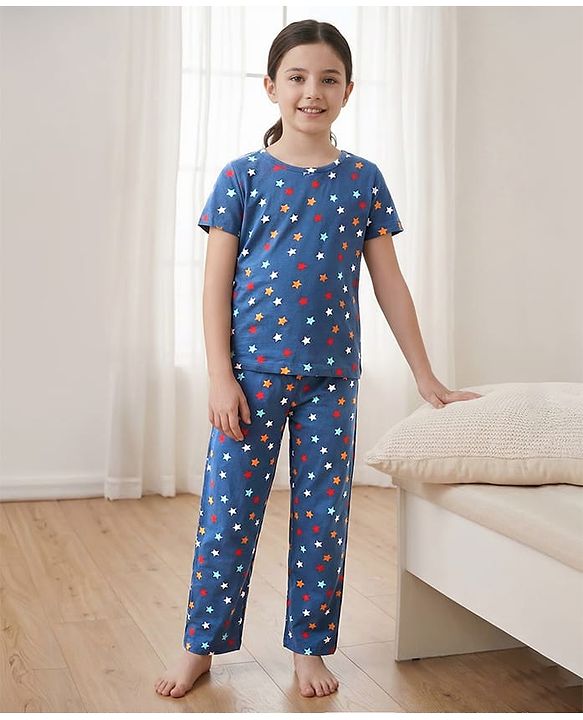 Pine Kids Single Jersey Knit Half Sleeves Co-Ord Night Suit With Star Print - Blue