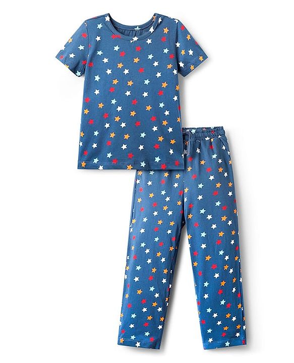 Pine Kids Single Jersey Knit Half Sleeves Co-Ord Night Suit With Star Print - Blue