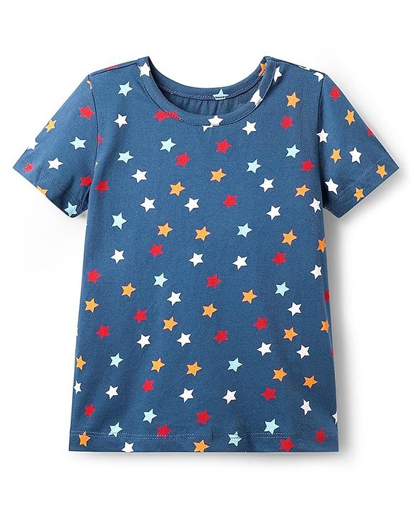 Pine Kids Single Jersey Knit Half Sleeves Co-Ord Night Suit With Star Print - Blue