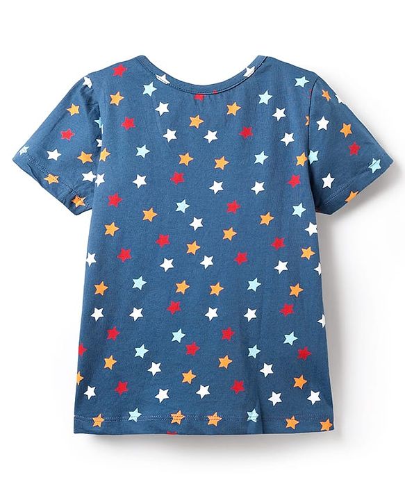 Pine Kids Single Jersey Knit Half Sleeves Co-Ord Night Suit With Star Print - Blue