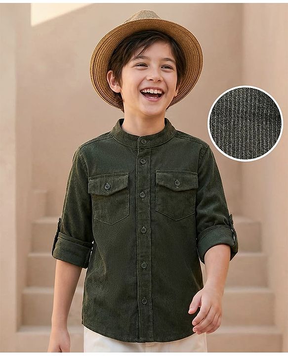 Pine Kids Corduroy Woven Full Sleeves Solid Shirt with Mandarin Collar & Front Pockets - Dark Olive Green