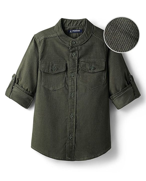 Pine Kids Corduroy Woven Full Sleeves Solid Shirt with Mandarin Collar & Front Pockets - Dark Olive Green