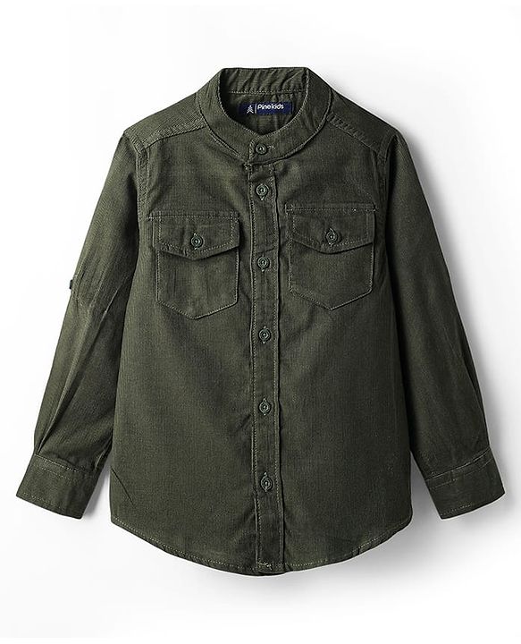Pine Kids Corduroy Woven Full Sleeves Solid Shirt with Mandarin Collar & Front Pockets - Dark Olive Green