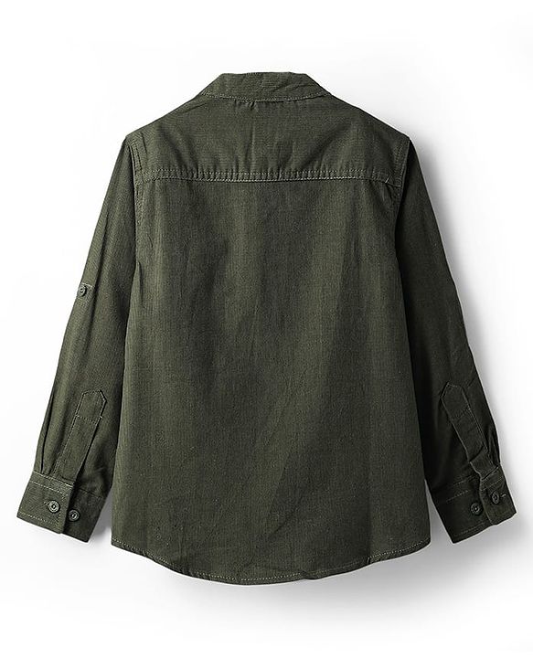 Pine Kids Corduroy Woven Full Sleeves Solid Shirt with Mandarin Collar & Front Pockets - Dark Olive Green