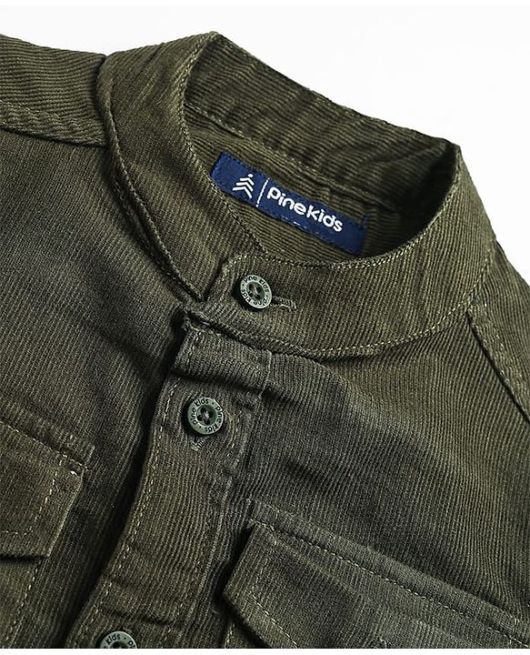 Pine Kids Corduroy Woven Full Sleeves Solid Shirt with Mandarin Collar & Front Pockets - Dark Olive Green