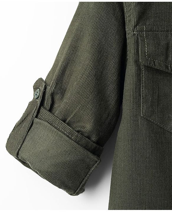 Pine Kids Corduroy Woven Full Sleeves Solid Shirt with Mandarin Collar & Front Pockets - Dark Olive Green