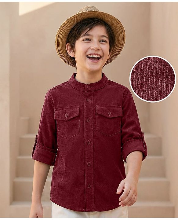 Pine Kids Corduroy Woven Full Sleeves Solid Shirt with Mandarin Collar & Front Pockets - Dark Olive Green