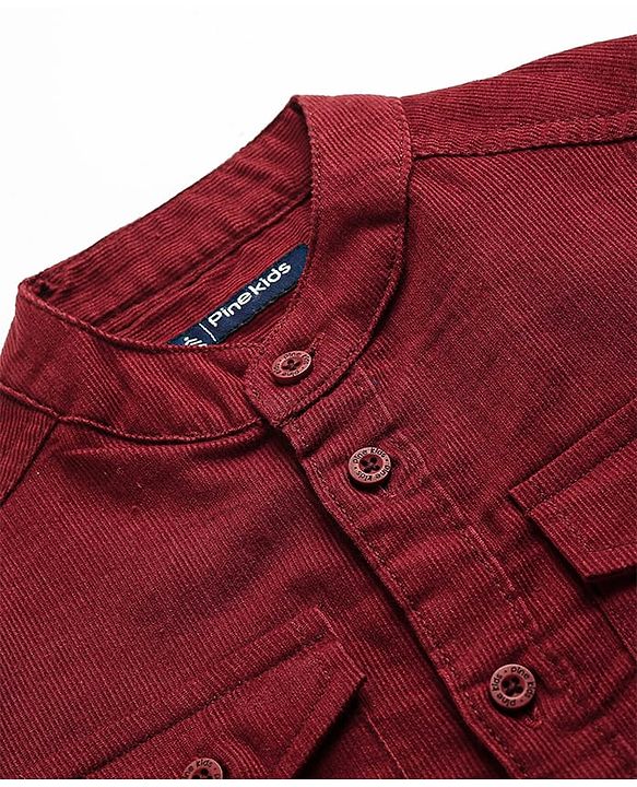 Pine Kids Corduroy Woven Full Sleeves Solid Shirt with Mandarin Collar & Front Pockets - Dark Olive Green