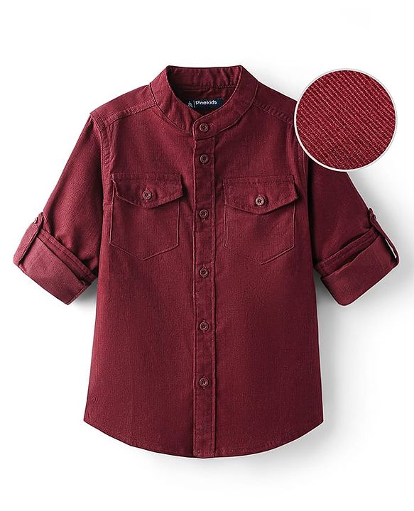 Pine Kids Corduroy Woven Full Sleeves Solid Shirt with Mandarin Collar & Front Pockets - Dark Olive Green