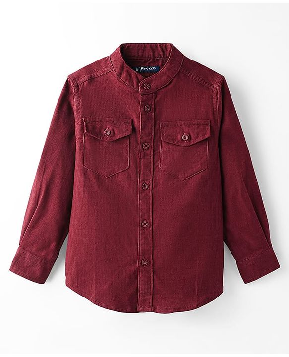 Pine Kids Corduroy Woven Full Sleeves Solid Shirt with Mandarin Collar & Front Pockets - Dark Olive Green
