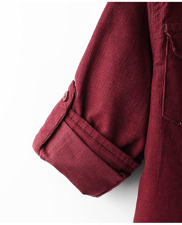 Pine Kids Corduroy Woven Full Sleeves Solid Shirt with Mandarin Collar & Front Pockets - Dark Olive Green