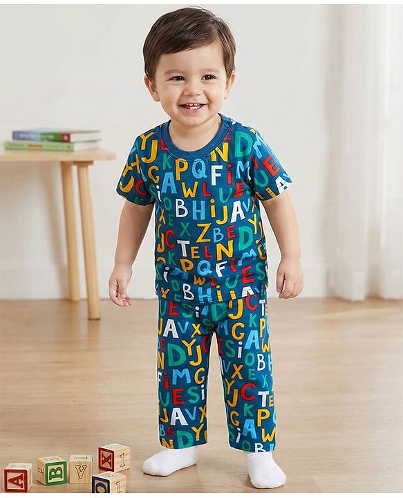 Babyhug Cotton Knit Half Sleeves Co-ords Night Suit With Text Print - Blue