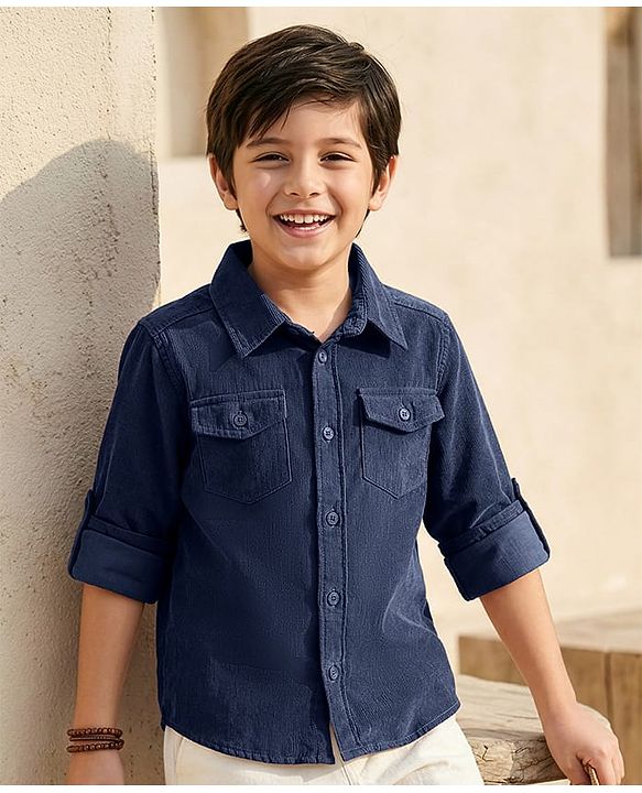 Pine Kids Corduroy Woven Full Sleeves Solid Shirt with Front Pockets - Navy Blue