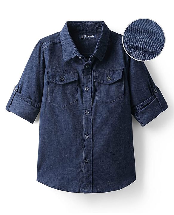 Pine Kids Corduroy Woven Full Sleeves Solid Shirt with Front Pockets - Navy Blue