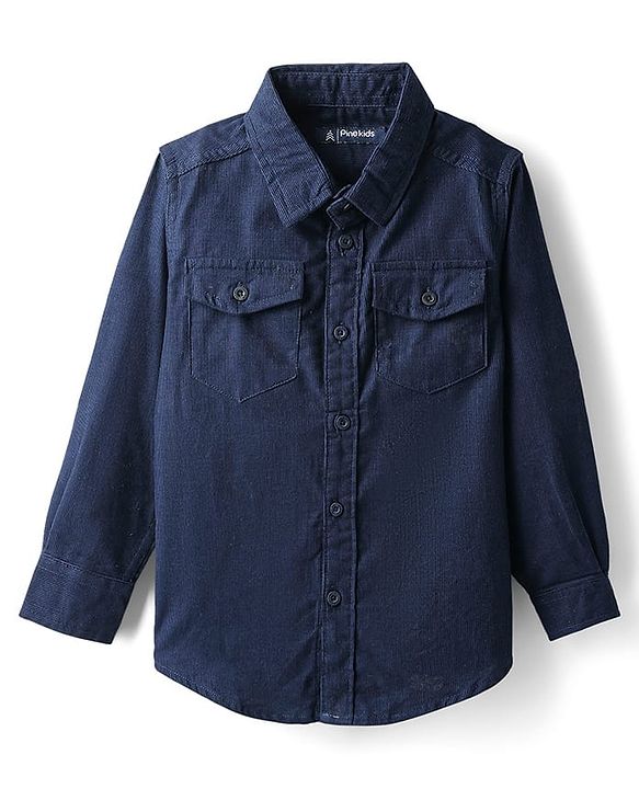 Pine Kids Corduroy Woven Full Sleeves Solid Shirt with Front Pockets - Navy Blue