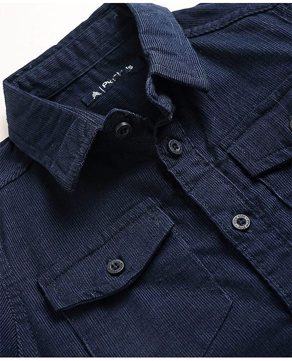 Pine Kids Corduroy Woven Full Sleeves Solid Shirt with Front Pockets - Navy Blue