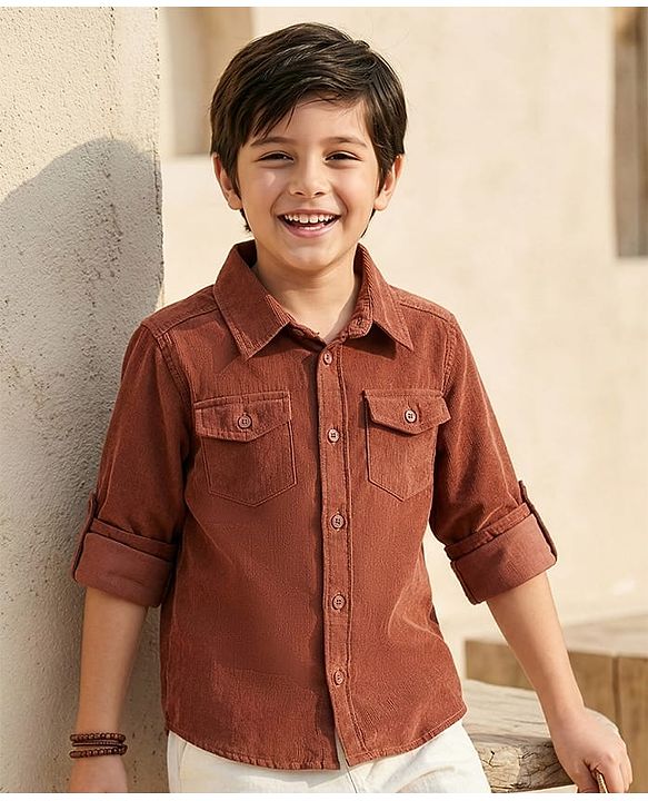 Pine Kids Corduroy Woven Full Sleeves Solid Shirt with Front Pockets - Navy Blue
