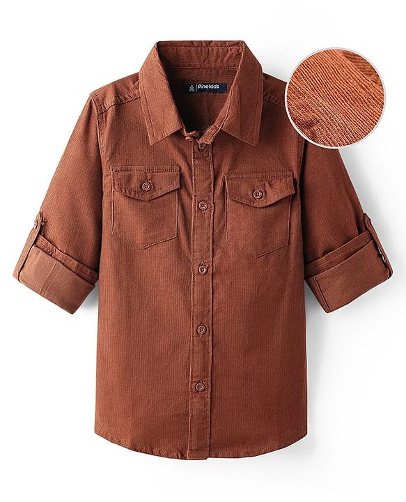 Pine Kids Corduroy Woven Full Sleeves Solid Shirt with Front Pockets - Navy Blue
