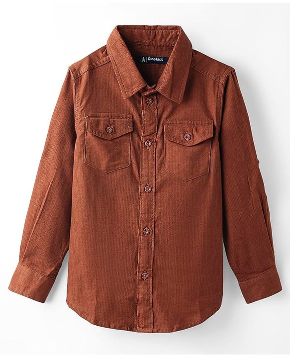 Pine Kids Corduroy Woven Full Sleeves Solid Shirt with Front Pockets - Navy Blue