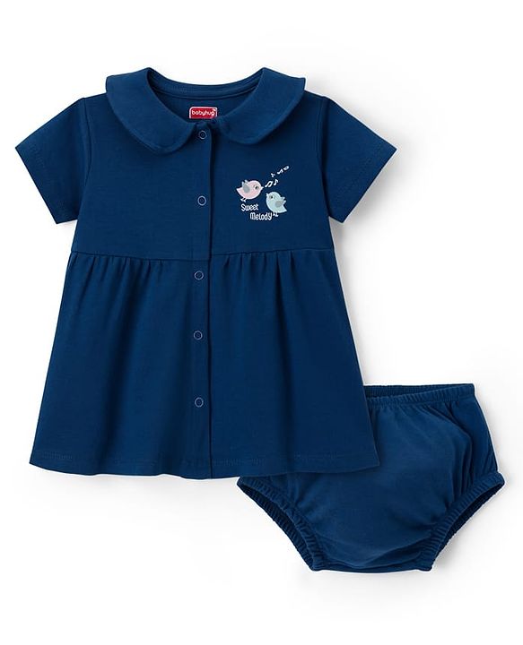 Babyhug Cotton Jersey Knit Half Sleeves Text Printed Frock with Bloomer - Navy Blue