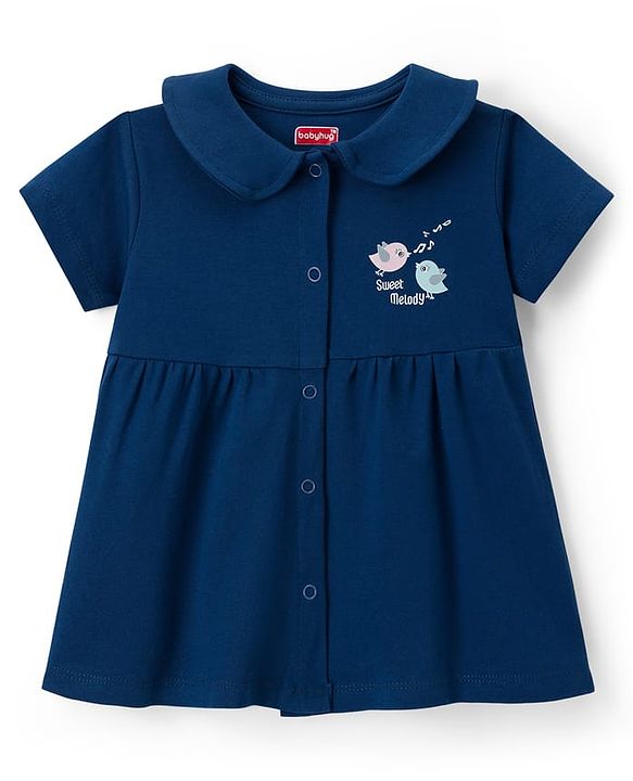 Babyhug Cotton Jersey Knit Half Sleeves Text Printed Frock with Bloomer - Navy Blue