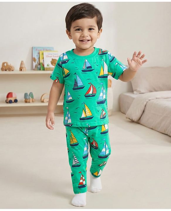 Babyhug Cotton Knit Half Sleeves Co-Ord Night Suit with Boat Print - Green