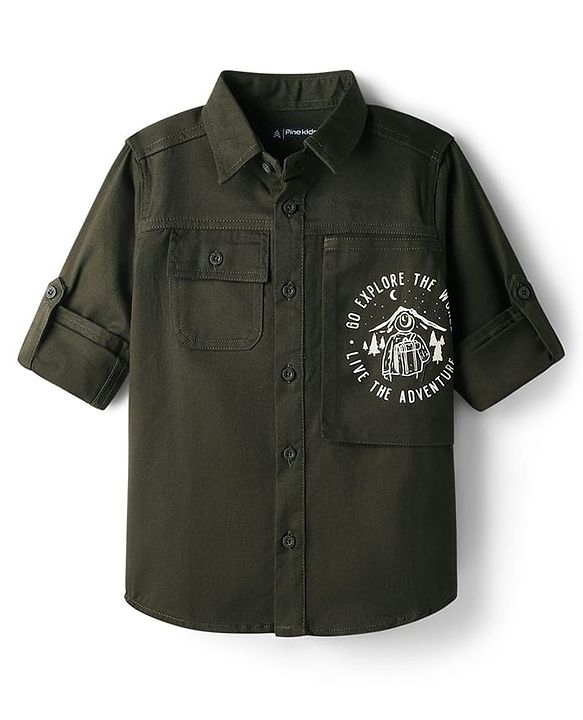 Pine Kids Cotton Woven Full Sleeves Solid Color Shirt with Go Explore Text Print - Olive Green