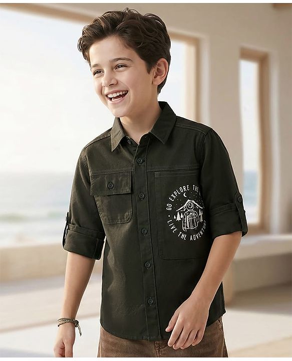 Pine Kids Cotton Woven Full Sleeves Solid Color Shirt with Go Explore Text Print - Olive Green
