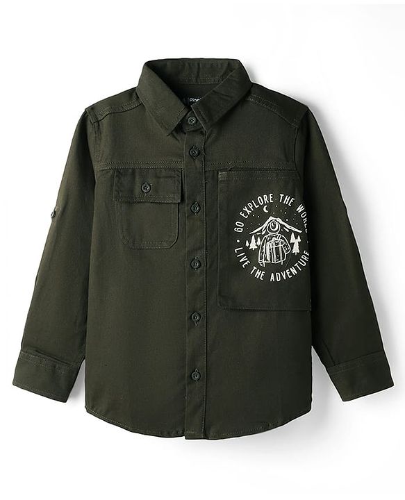Pine Kids Cotton Woven Full Sleeves Solid Color Shirt with Go Explore Text Print - Olive Green