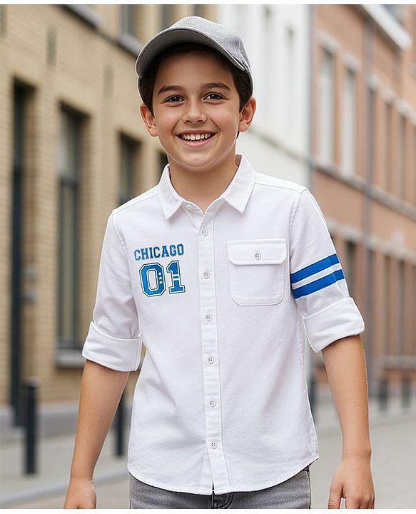 Pine Kids Cotton Woven Full Sleeves Shirt With Sport Theme Print - White