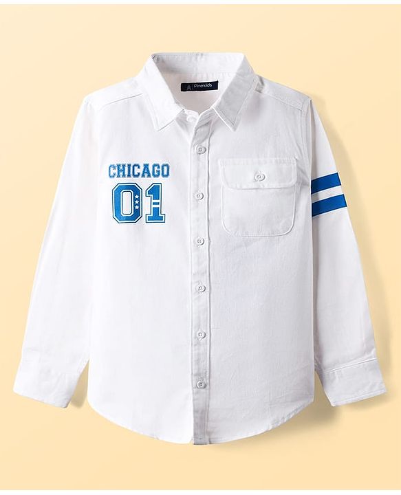 Pine Kids Cotton Woven Full Sleeves Shirt With Sport Theme Print - White