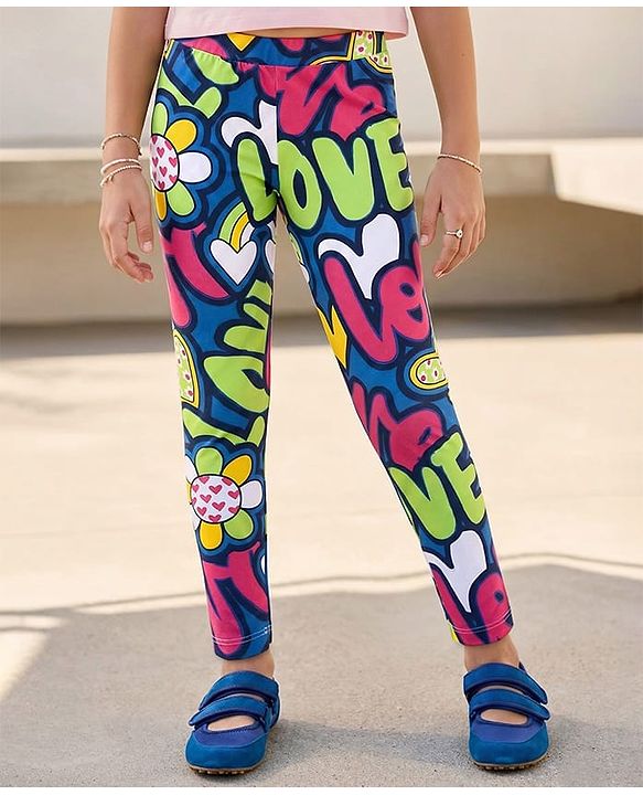 Pine Kids Cotton Lycra Knit Full Length Leggings  With Love Print - Multicolor