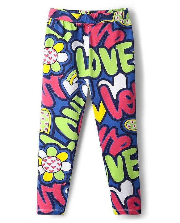 Pine Kids Cotton Lycra Knit Full Length Leggings  With Love Print - Multicolor