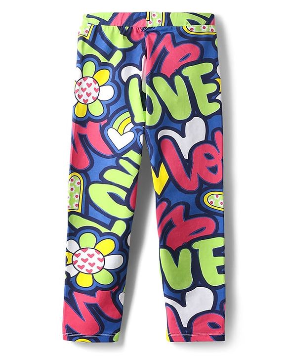 Pine Kids Cotton Lycra Knit Full Length Leggings  With Love Print - Multicolor