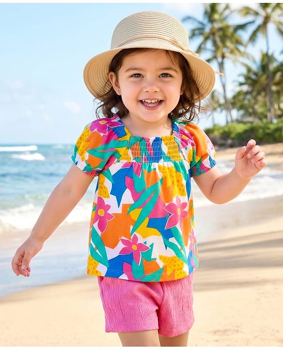 Babyhug Single Jersey Knit Half Sleeves Top & Shorts Set with Floral Print & Bow Applique - Multicolor & Pink