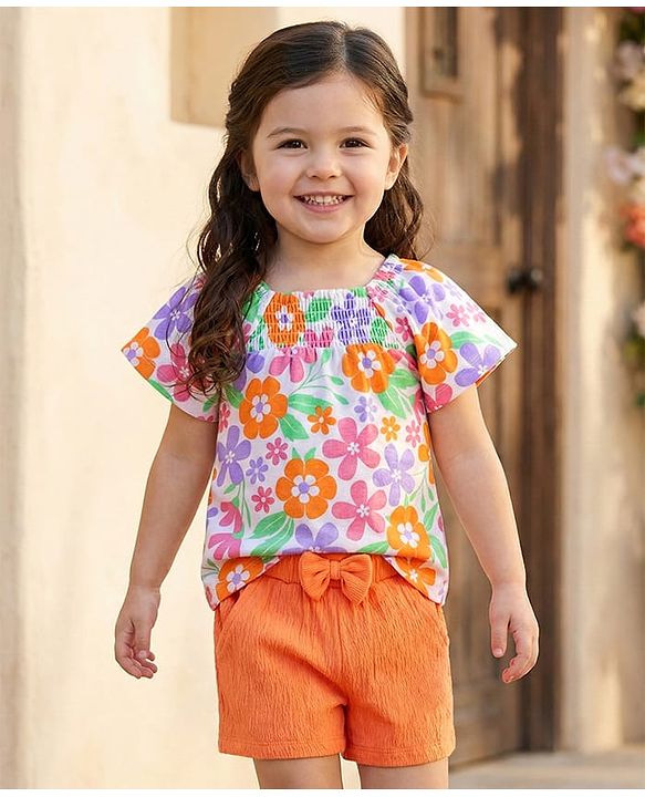 Babyhug Single Jersey Knit Raglan Sleeves Floral Printed Top & Shorts Set - Multicolour