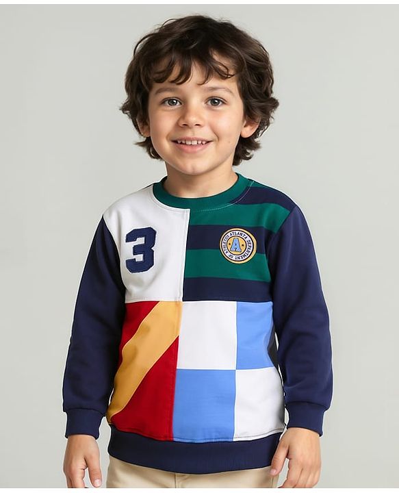 Babyhug Cotton Knit Full Sleeves Sweatshirt With Patch Detailing & Cut & Sew Design - Multicolor
