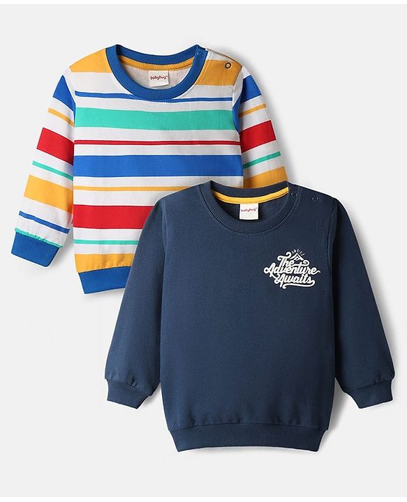 Babyhug 100% Cotton Knit Full Sleeves Striped & Text Printed Sweatshirt Pack Of 2 - Multicolour