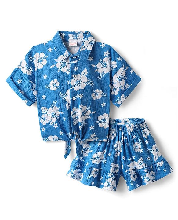 Babyhug 100% Cotton Single Jersey Knit Half Sleeves Top & Shorts Co-Ords Set With Floral Print - Blue