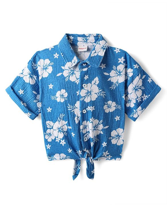 Babyhug 100% Cotton Single Jersey Knit Half Sleeves Top & Shorts Co-Ords Set With Floral Print - Blue