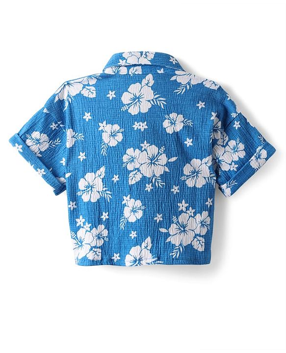 Babyhug 100% Cotton Single Jersey Knit Half Sleeves Top & Shorts Co-Ords Set With Floral Print - Blue