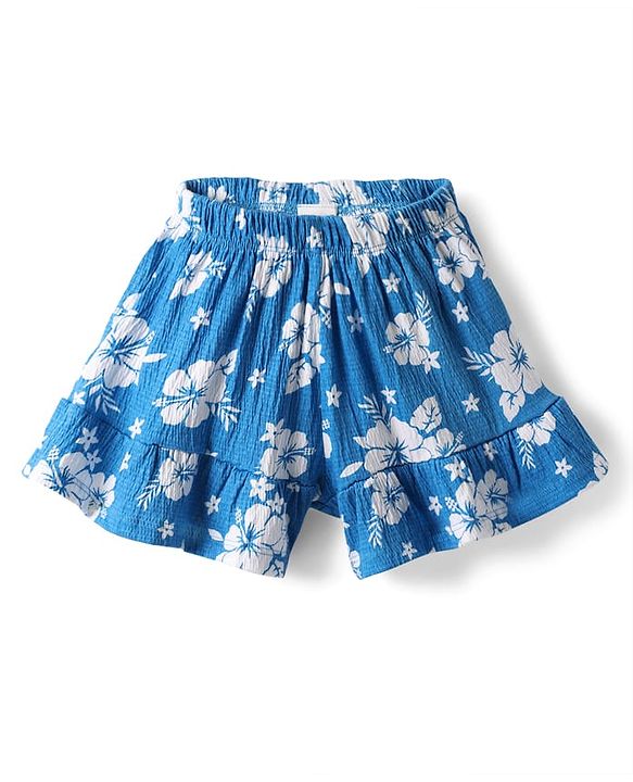 Babyhug 100% Cotton Single Jersey Knit Half Sleeves Top & Shorts Co-Ords Set With Floral Print - Blue